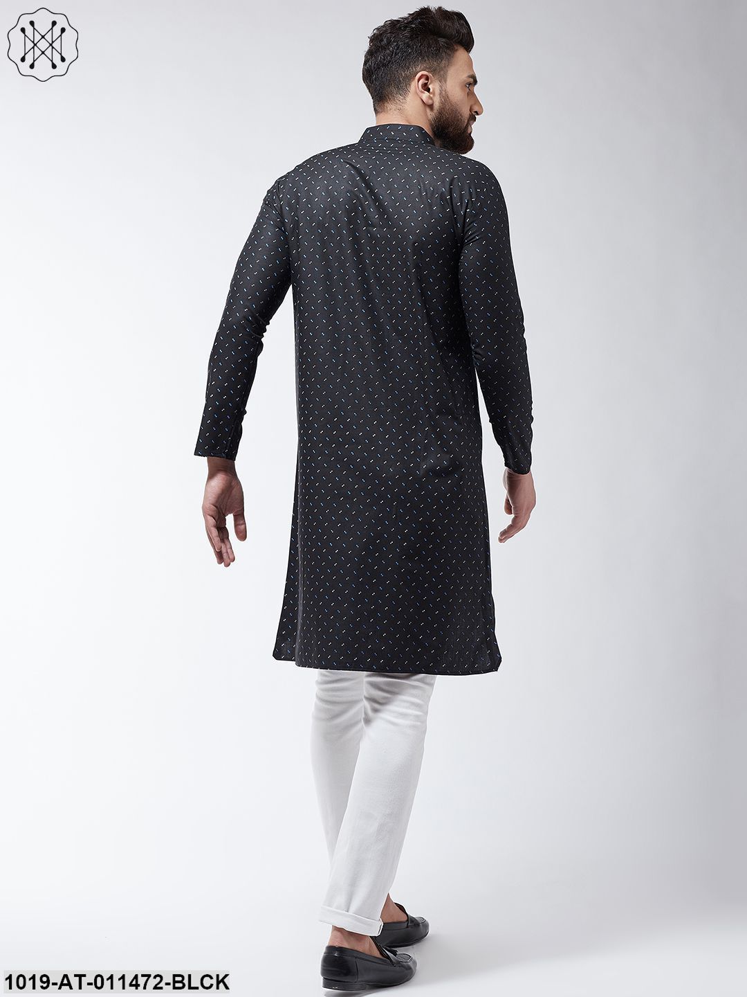 Men's Cotton Blend Black Printed Asymmetric Long Kurta