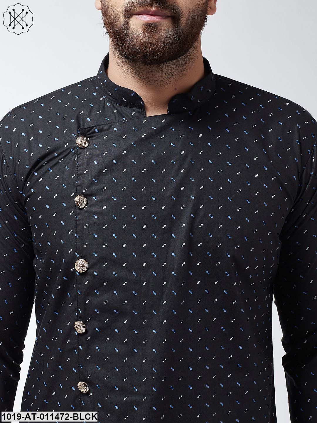 Men's Cotton Blend Black Printed Asymmetric Long Kurta