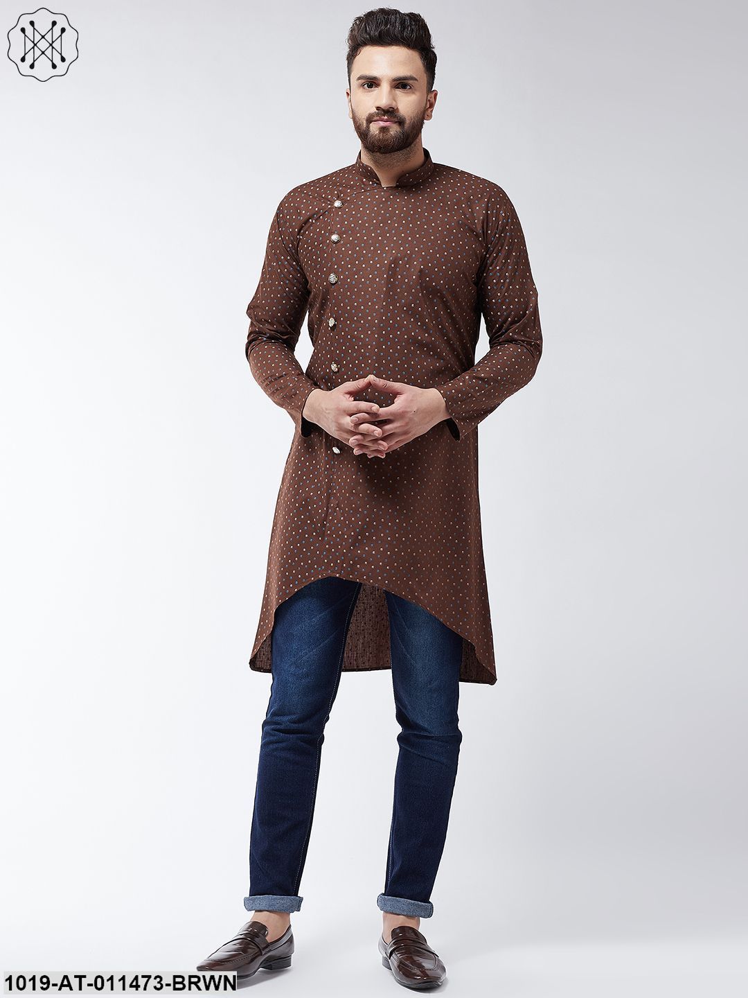 Men's Cotton Blend Brown Printed Asymmetric Long Kurta