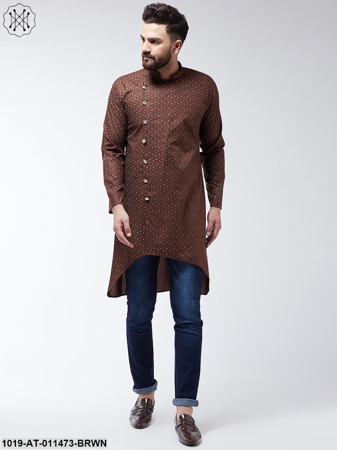 Men's Cotton Blend Brown Printed Asymmetric Long Kurta