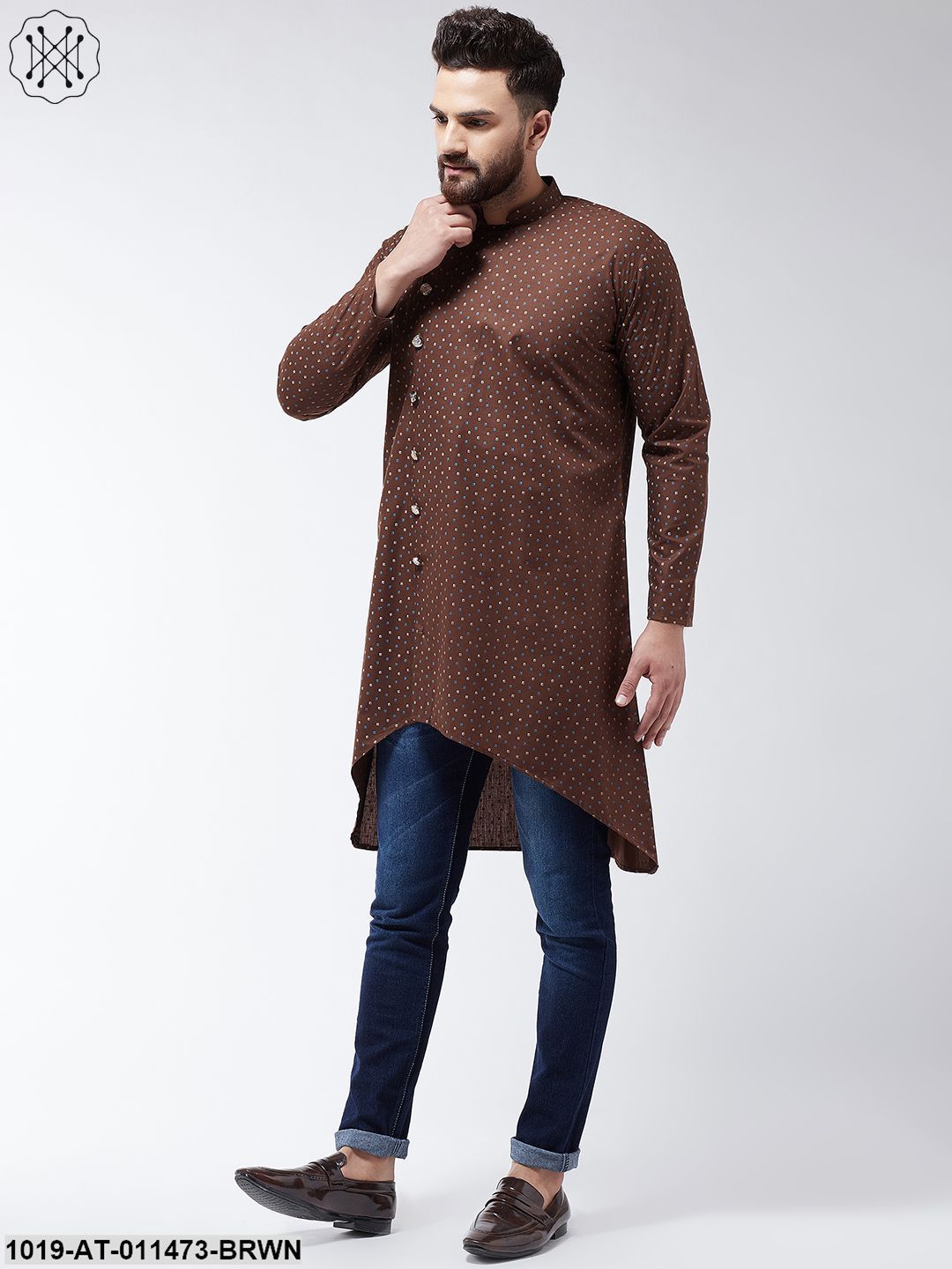 Men's Cotton Blend Brown Printed Asymmetric Long Kurta