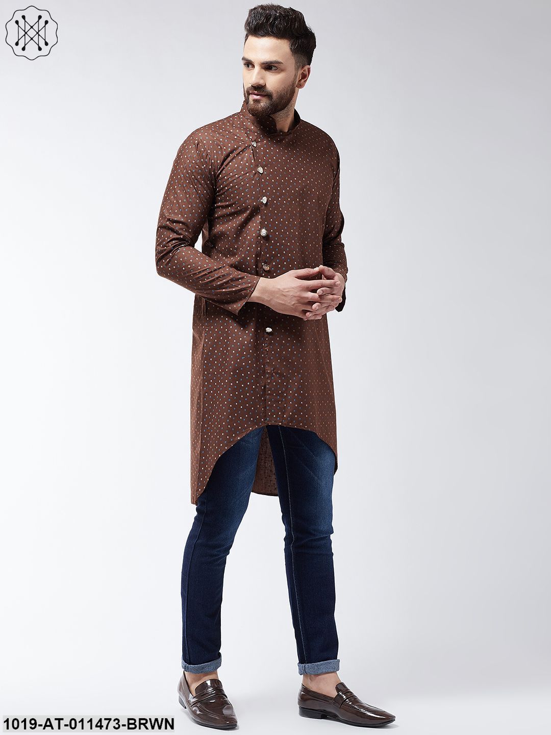 Men's Cotton Blend Brown Printed Asymmetric Long Kurta