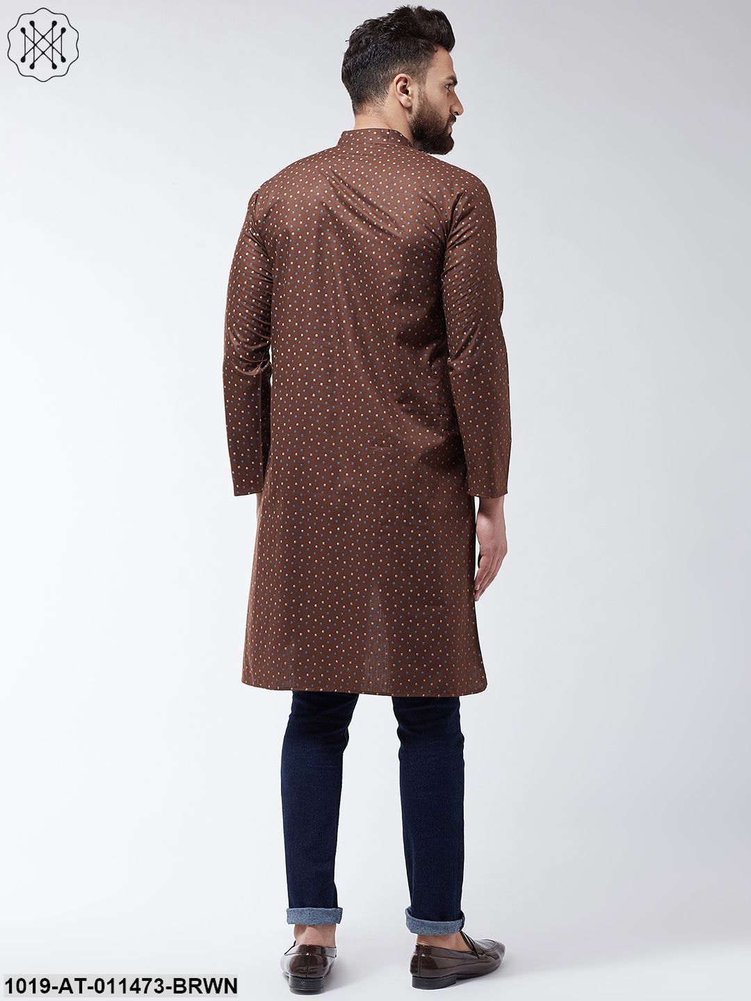 Men's Cotton Blend Brown Printed Asymmetric Long Kurta