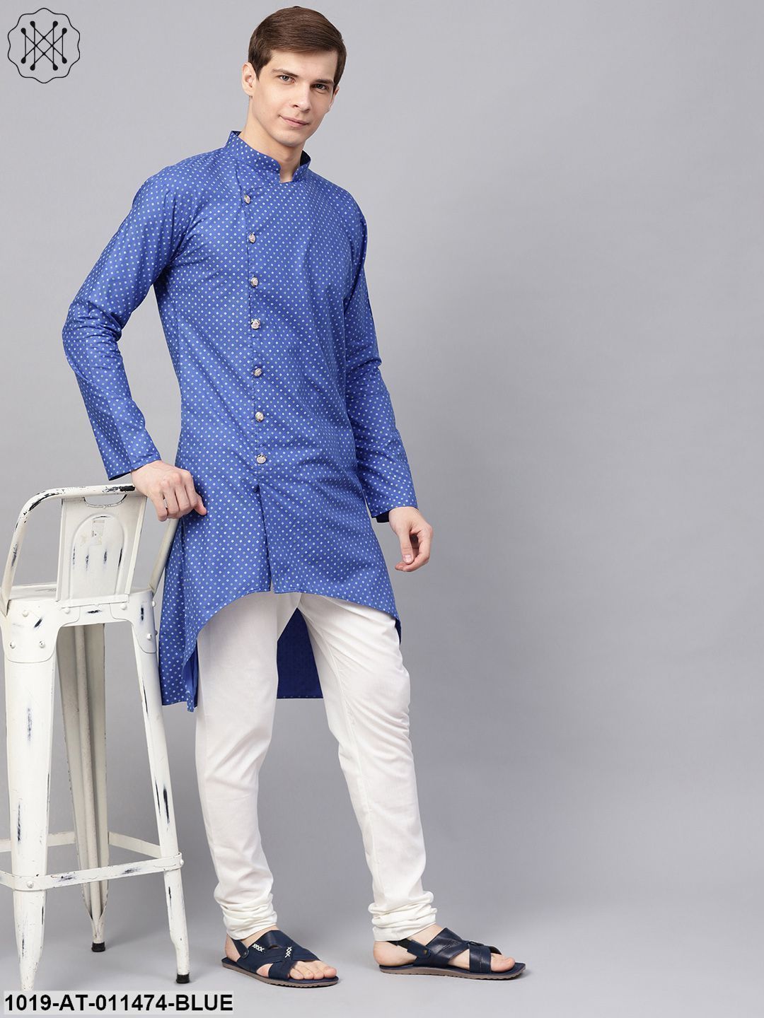Men's Cotton Blend Blue Printed Asymmetric Long Kurta