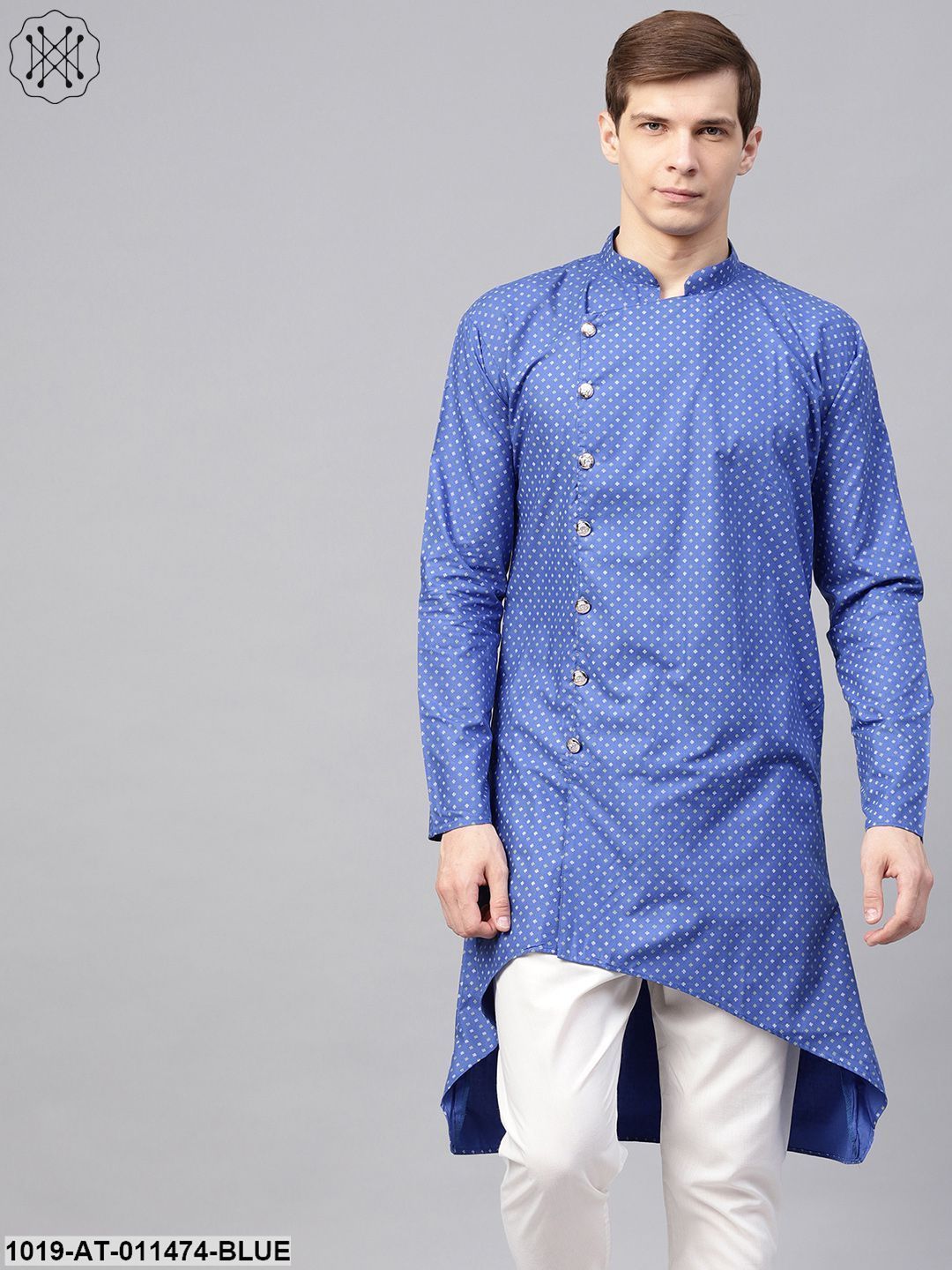 Men's Cotton Blend Blue Printed Asymmetric Long Kurta