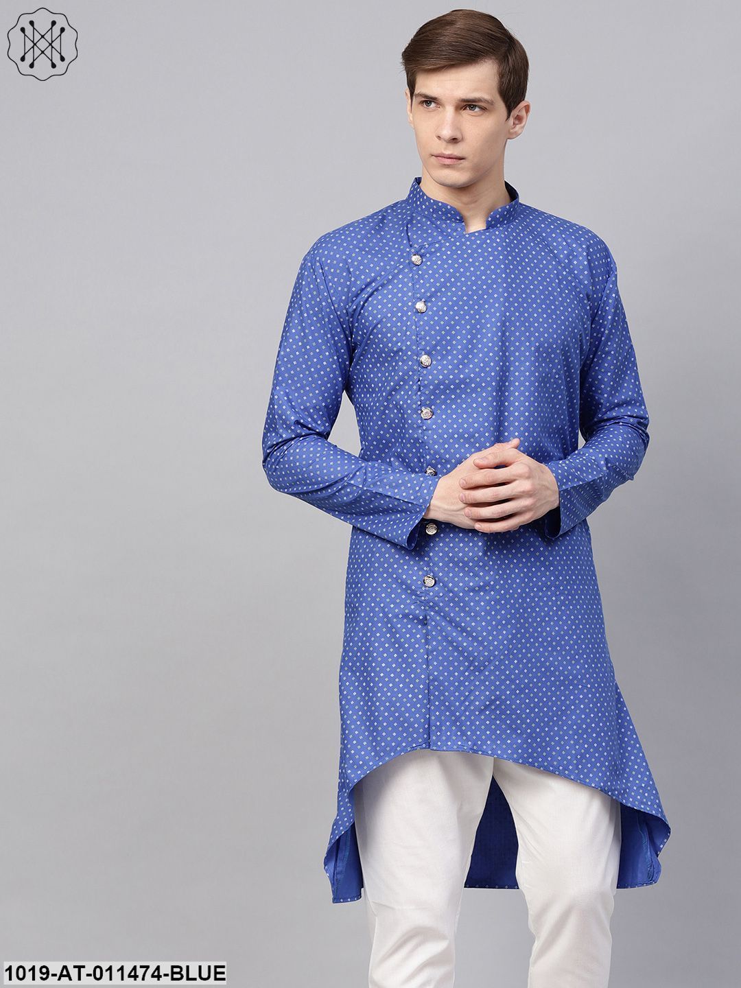 Men's Cotton Blend Blue Printed Asymmetric Long Kurta