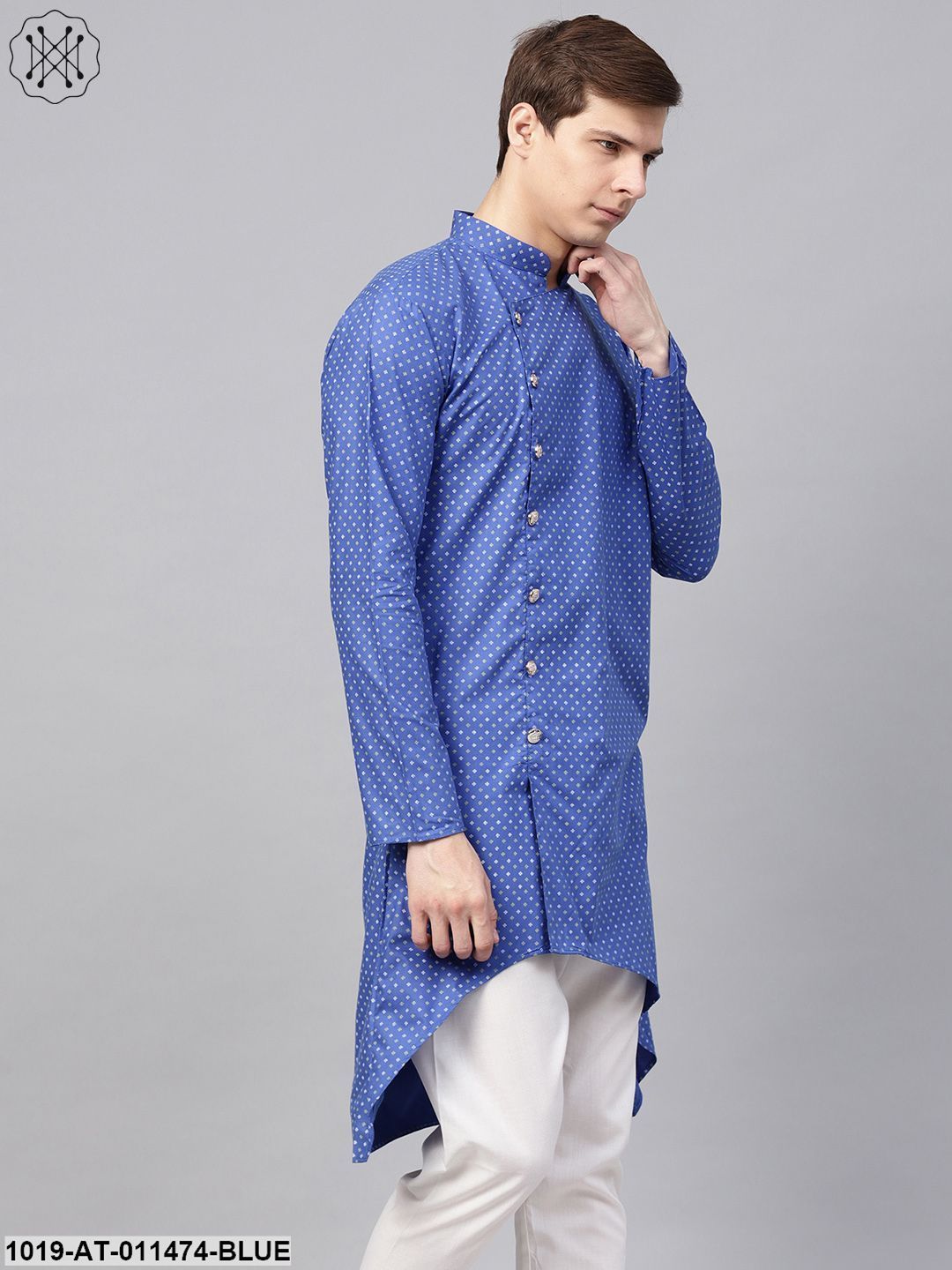 Men's Cotton Blend Blue Printed Asymmetric Long Kurta