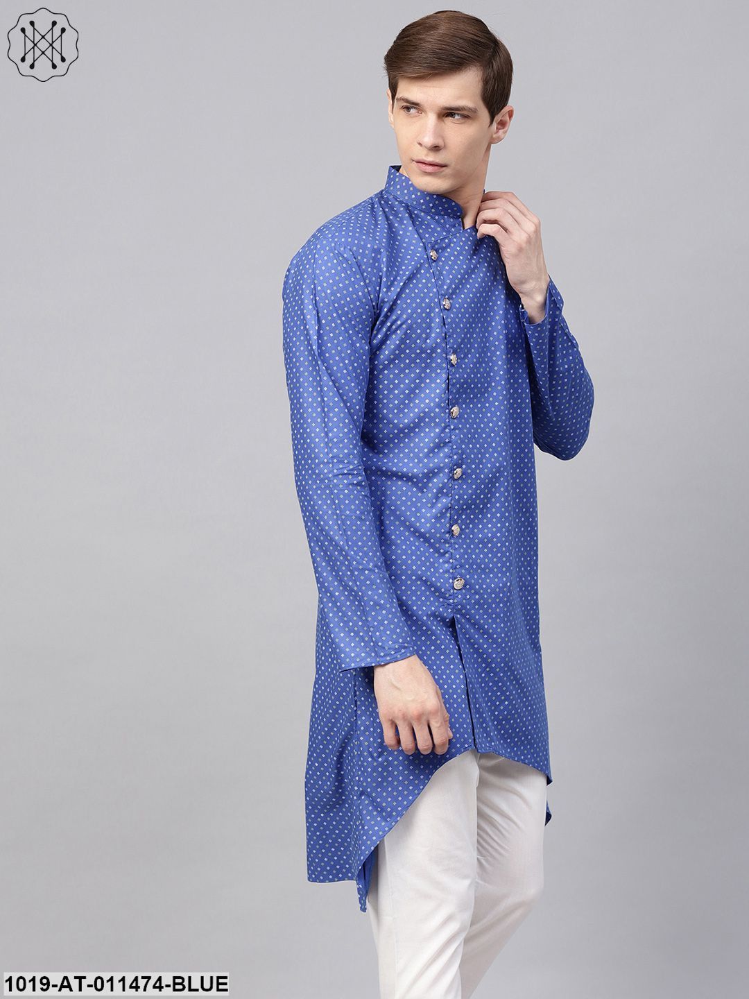 Men's Cotton Blend Blue Printed Asymmetric Long Kurta