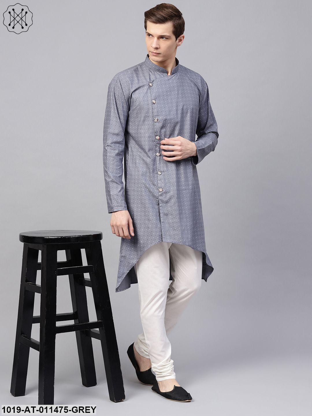 Men's Cotton Blend Grey Printed Asymmetric Long Kurta
