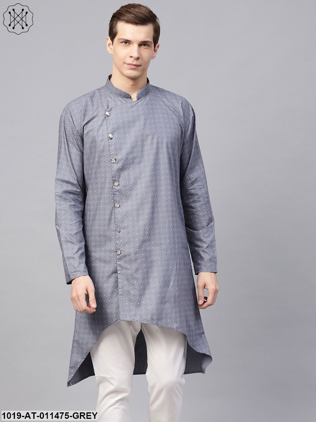 Men's Cotton Blend Grey Printed Asymmetric Long Kurta