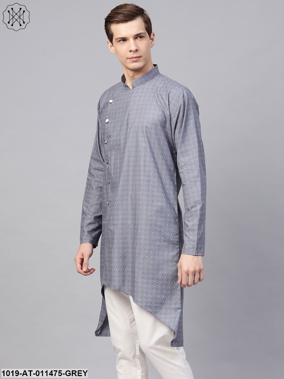 Men's Cotton Blend Grey Printed Asymmetric Long Kurta