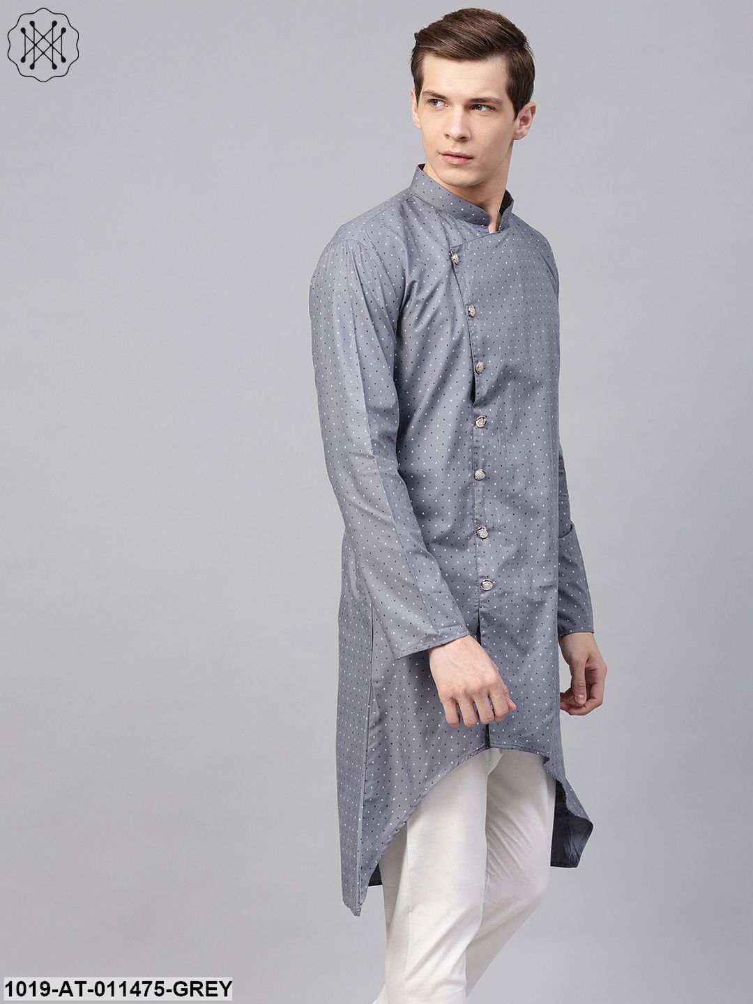 Men's Cotton Blend Grey Printed Asymmetric Long Kurta