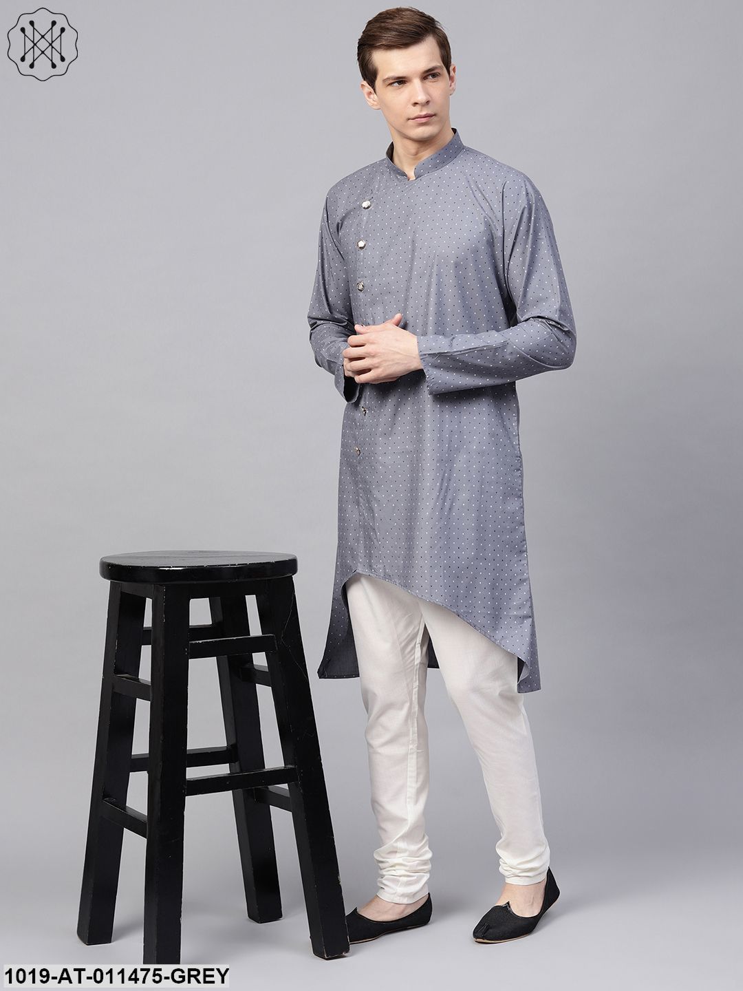 Men's Cotton Blend Grey Printed Asymmetric Long Kurta