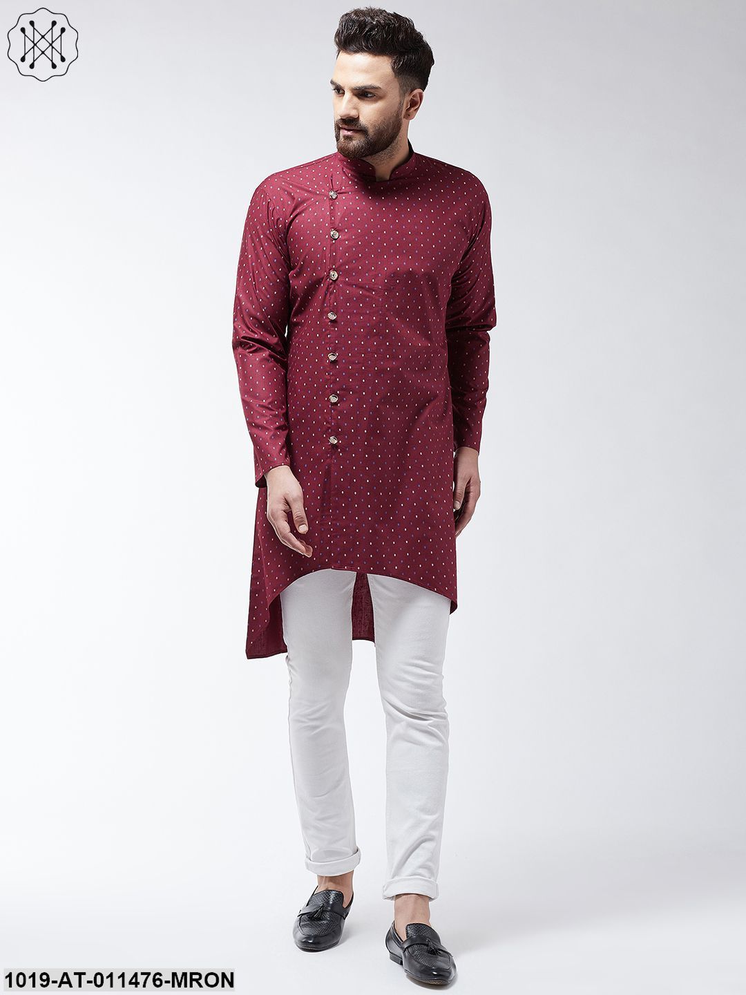 Men's Cotton Blend Maroon Printed Asymmetric Long Kurta