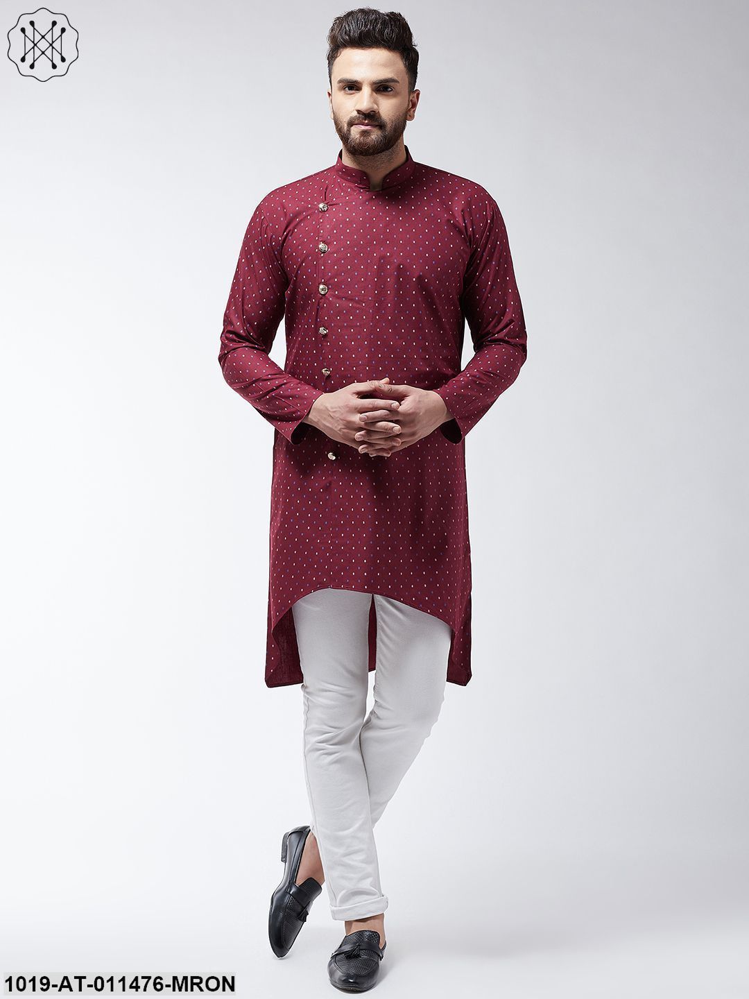 Men's Cotton Blend Maroon Printed Asymmetric Long Kurta