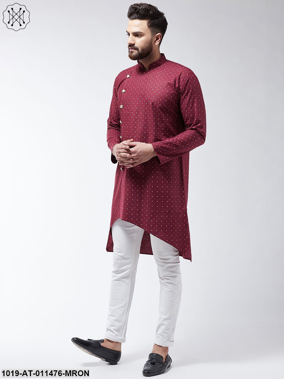 Men's Cotton Blend Maroon Printed Asymmetric Long Kurta