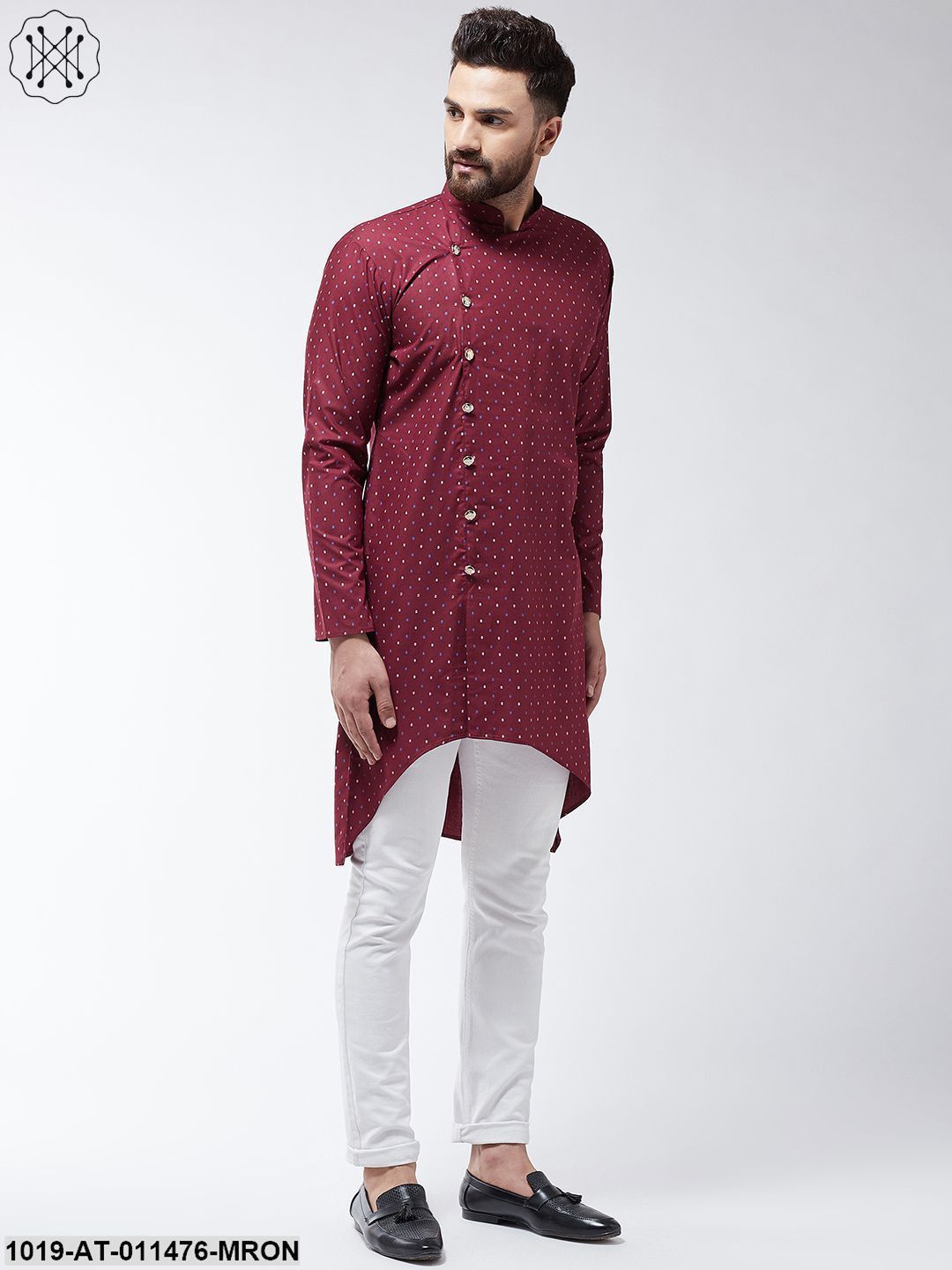 Men's Cotton Blend Maroon Printed Asymmetric Long Kurta