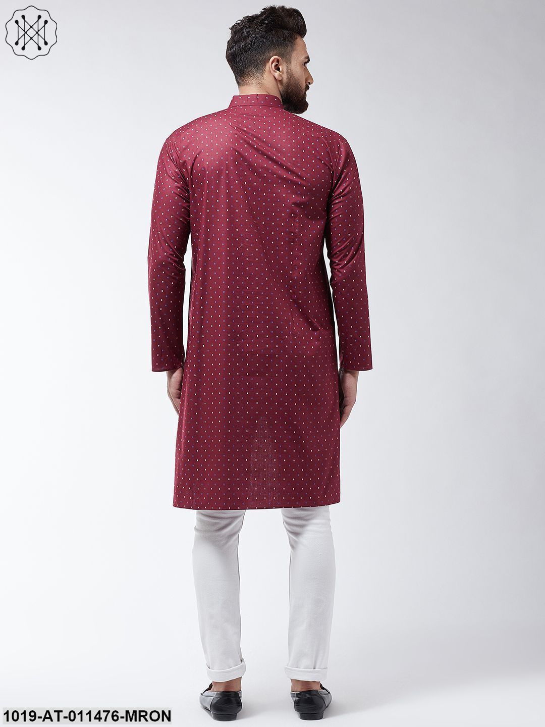 Men's Cotton Blend Maroon Printed Asymmetric Long Kurta