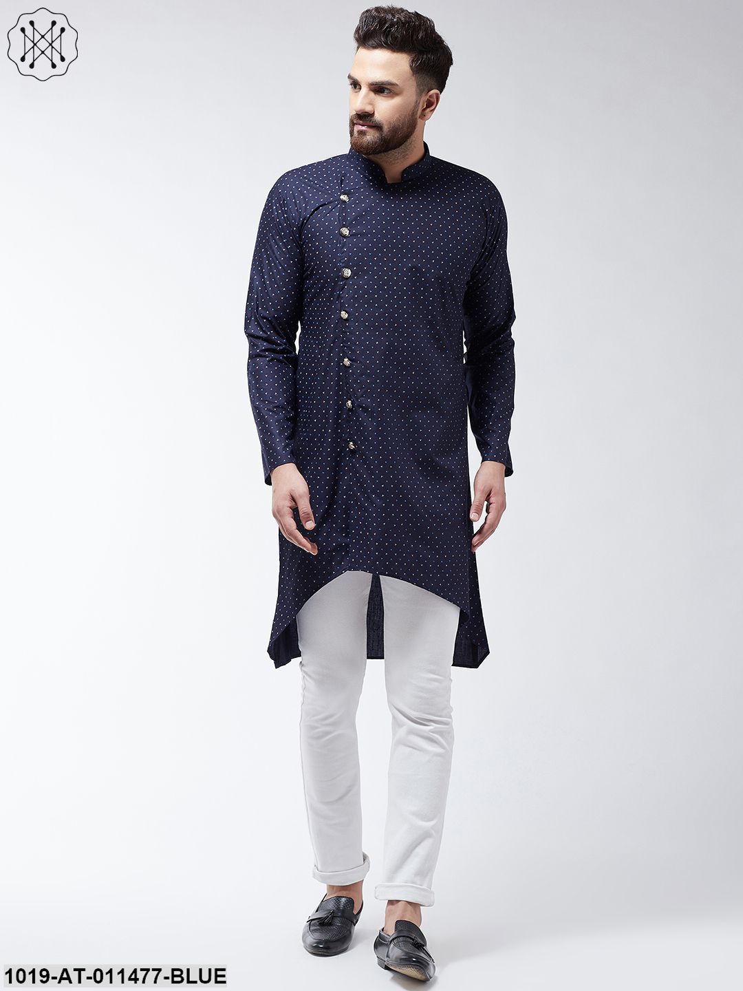 Men's Cotton Blend Navy Blue Printed Asymmetric Long Kurta
