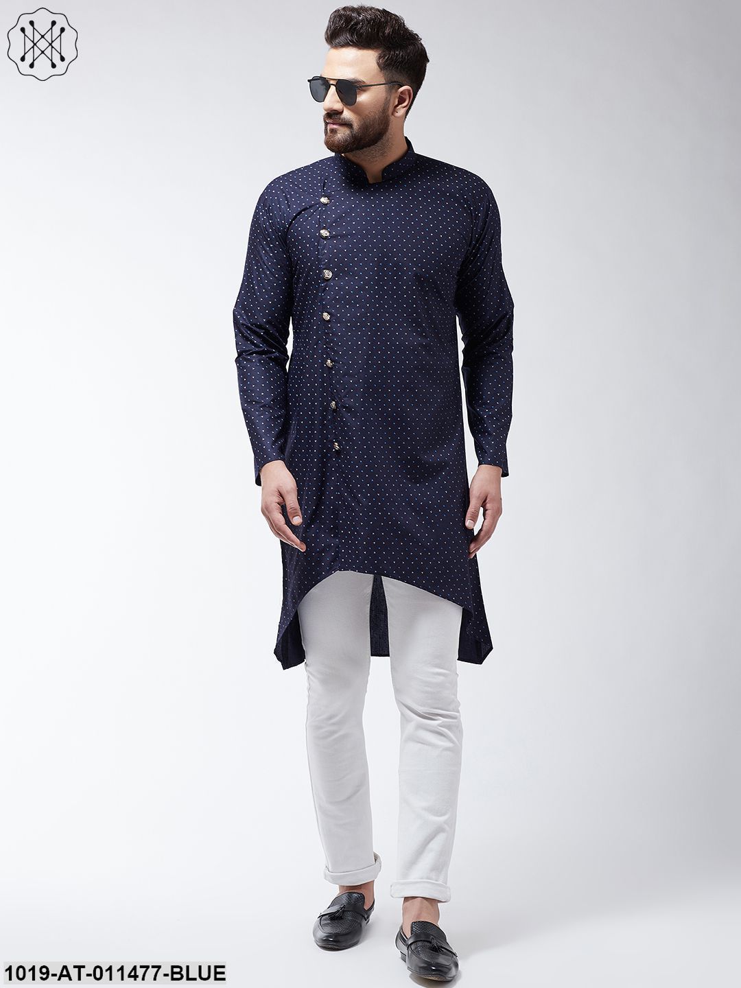 Men's Cotton Blend Navy Blue Printed Asymmetric Long Kurta
