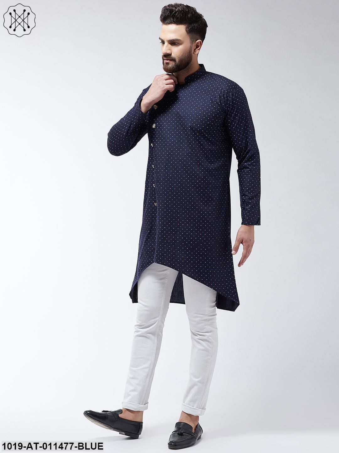 Men's Cotton Blend Navy Blue Printed Asymmetric Long Kurta