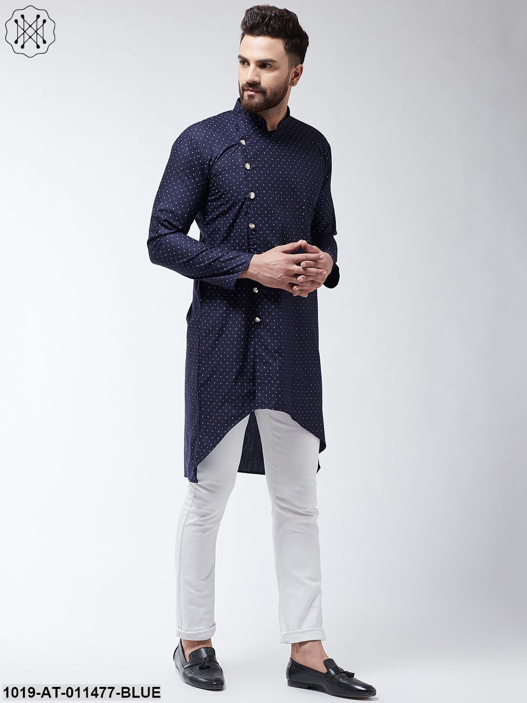 Men's Cotton Blend Navy Blue Printed Asymmetric Long Kurta