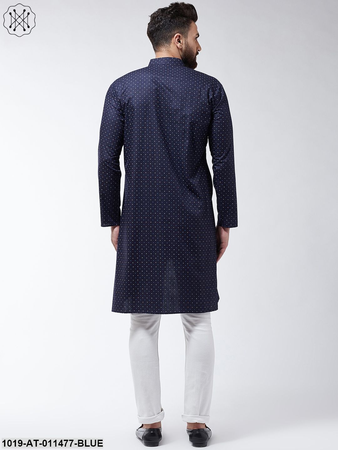 Men's Cotton Blend Navy Blue Printed Asymmetric Long Kurta