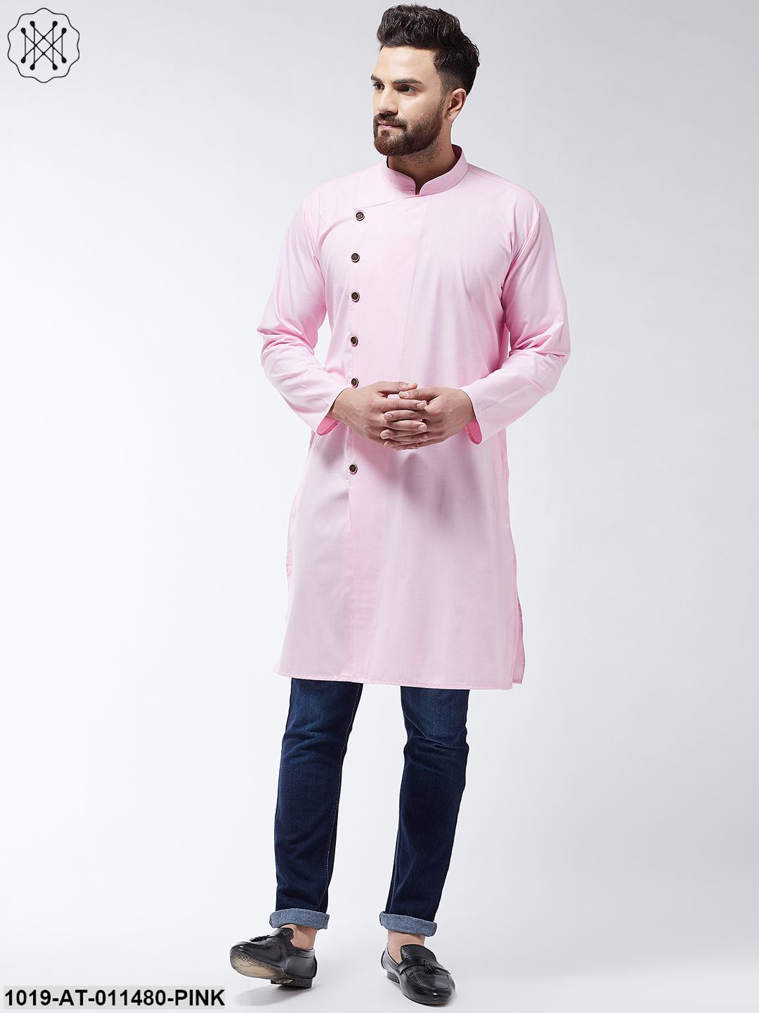 Men's Cotton Pink Solid Only Long Kurta