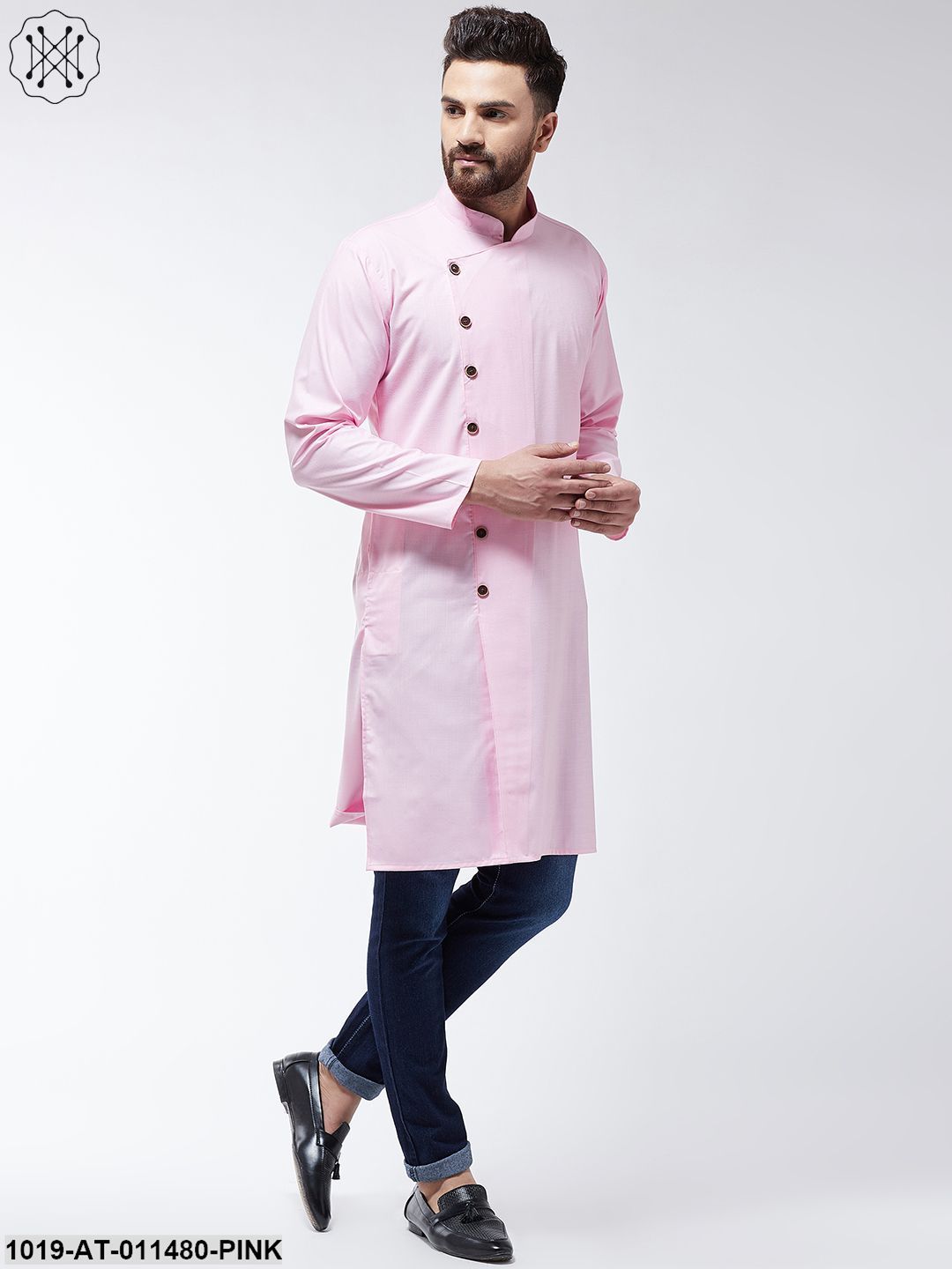 Men's Cotton Pink Solid Only Long Kurta