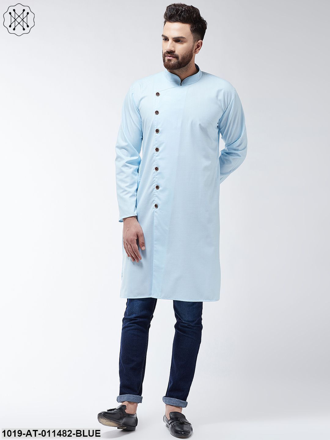 Men's Cotton Sky Blue Solid Only Long Kurta