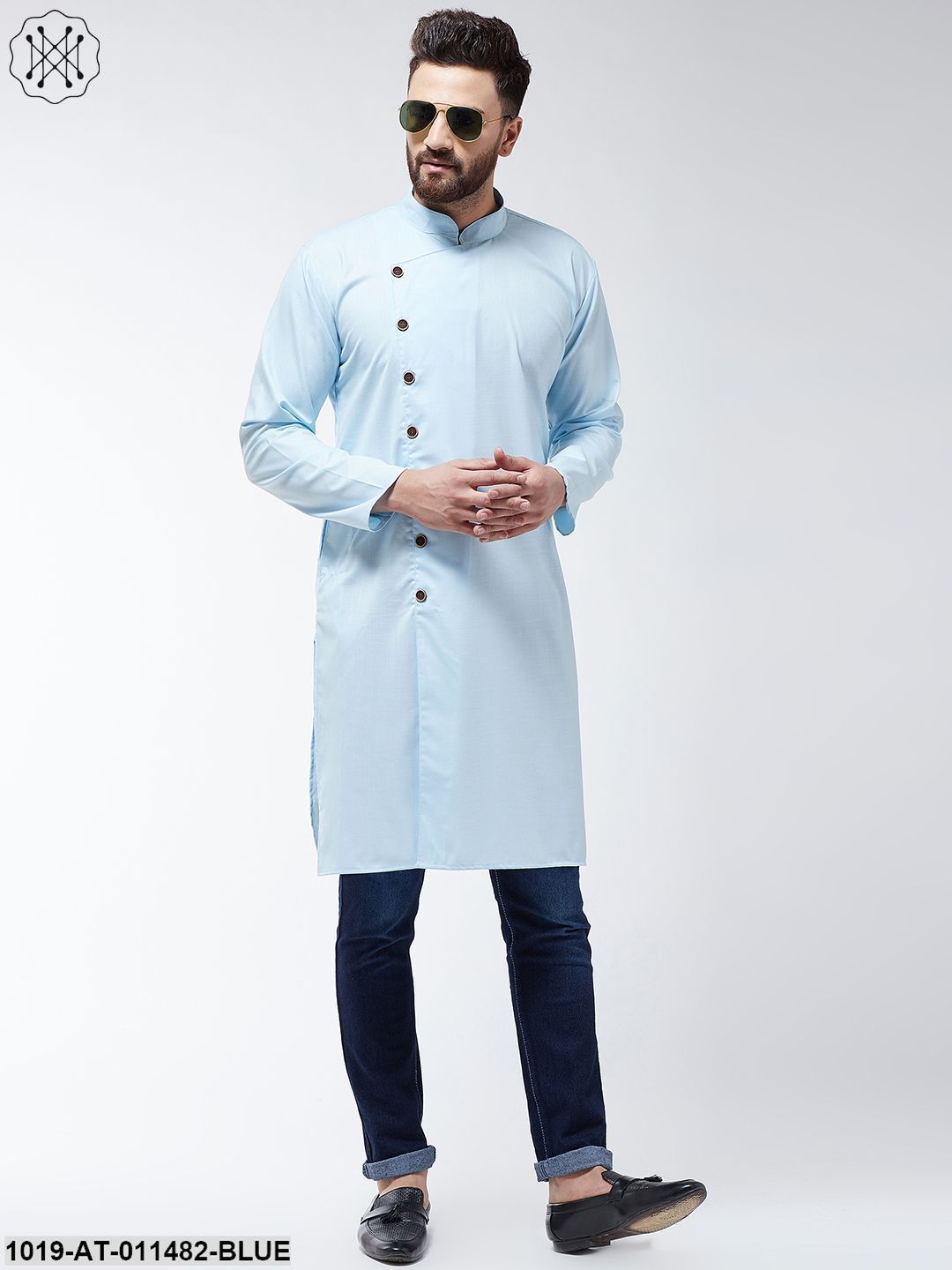 Men's Cotton Sky Blue Solid Only Long Kurta