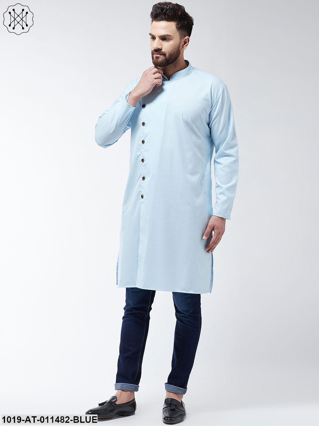 Men's Cotton Sky Blue Solid Only Long Kurta