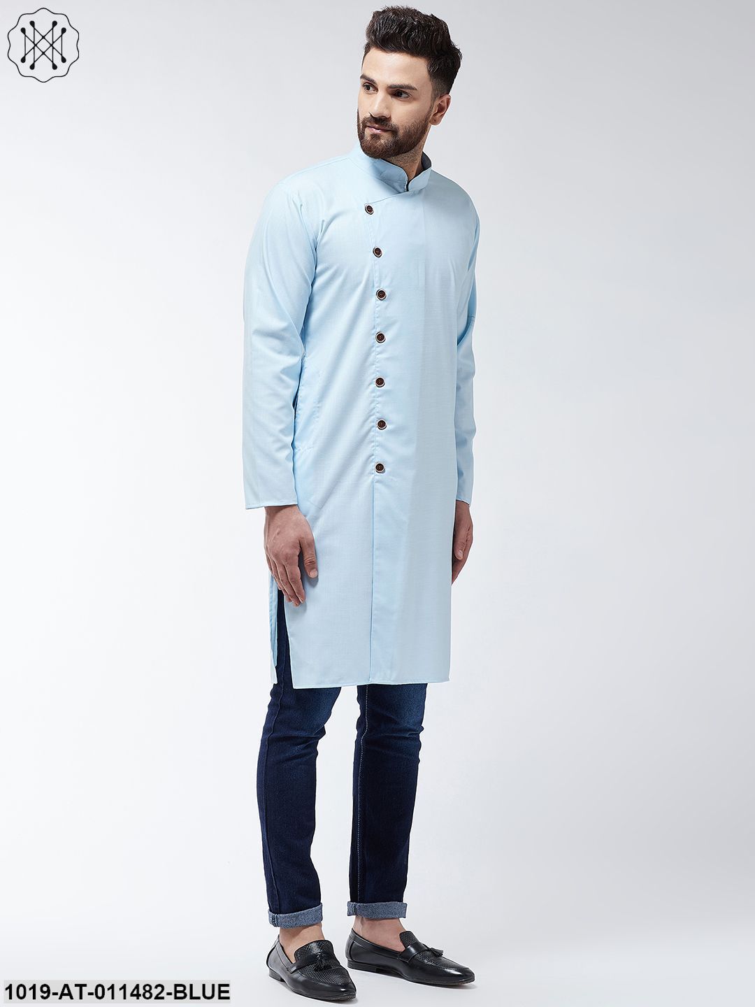 Men's Cotton Sky Blue Solid Only Long Kurta
