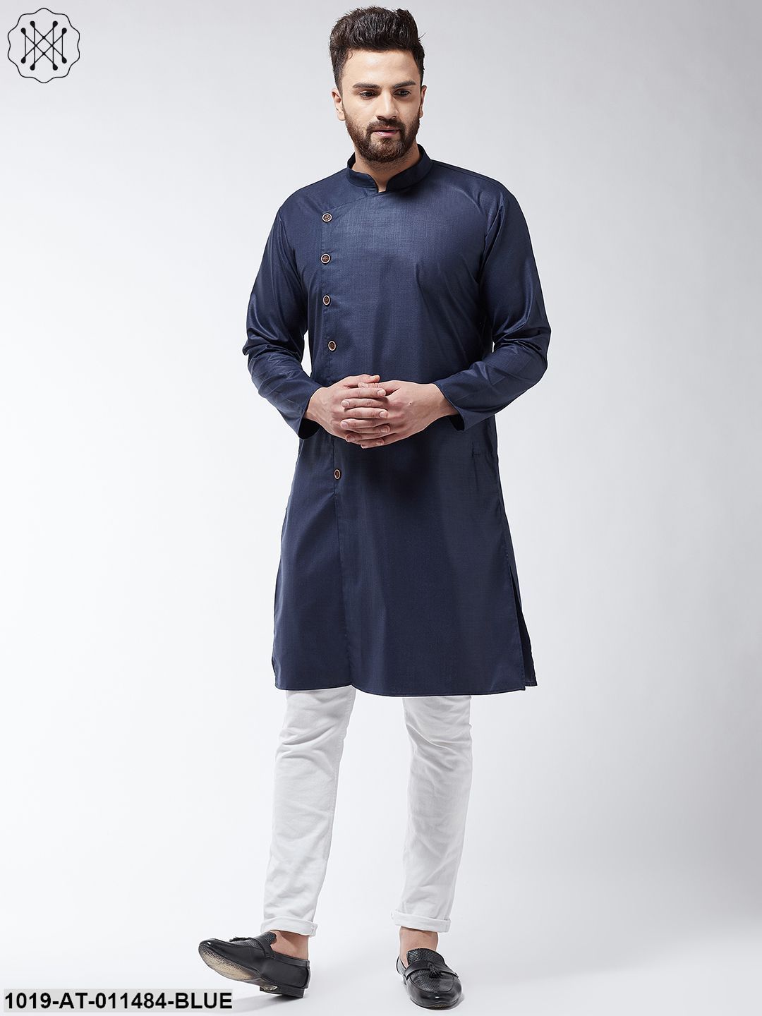 Men's Cotton Navy Blue Solid Only Long Kurta