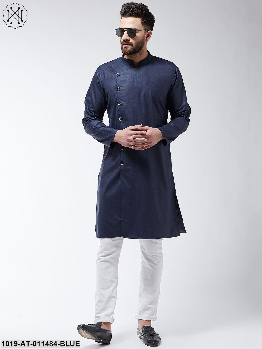 Men's Cotton Navy Blue Solid Only Long Kurta