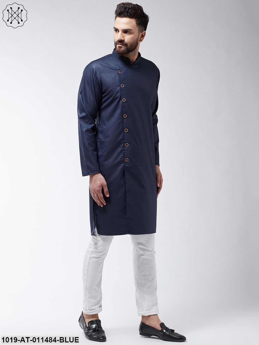 Men's Cotton Navy Blue Solid Only Long Kurta