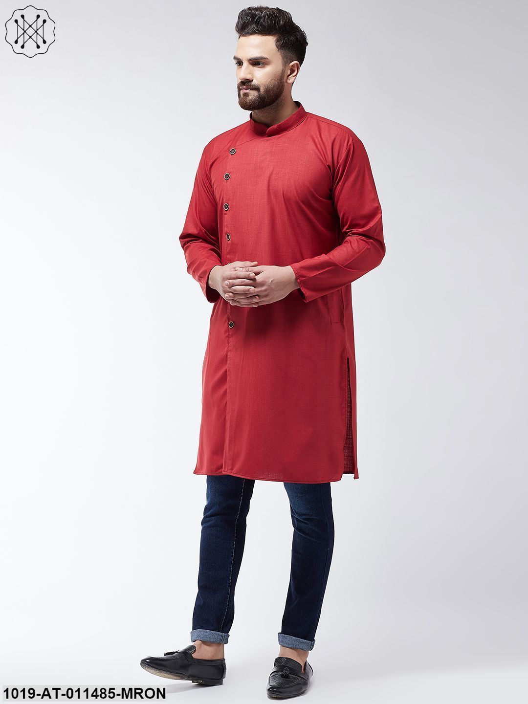 Men's Cotton Maroon Solid Only Long Kurta