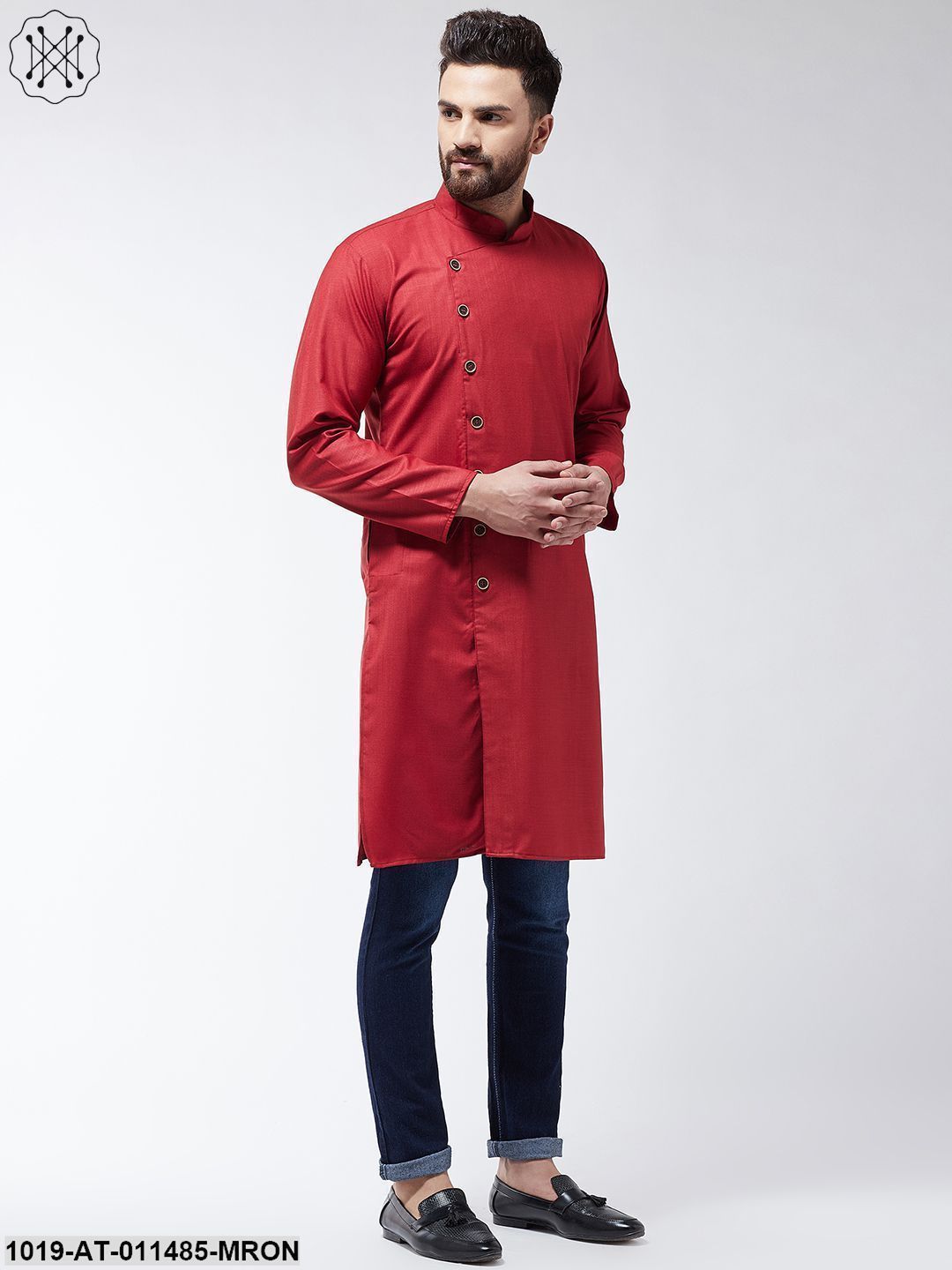 Men's Cotton Maroon Solid Only Long Kurta