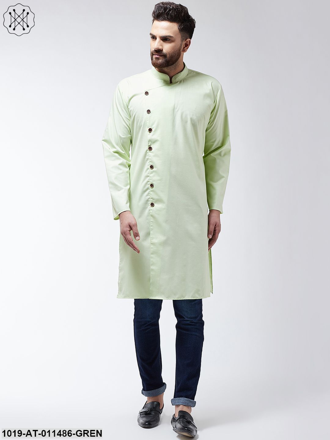 Men's Cotton Light Green Solid Only Long Kurta