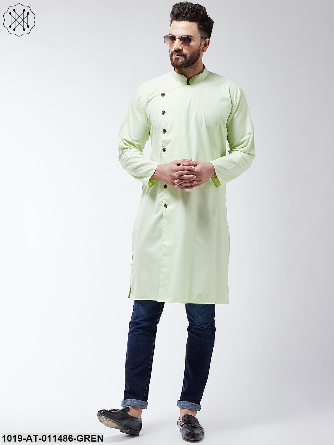 Men's Cotton Light Green Solid Only Long Kurta