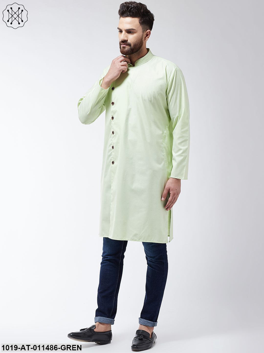 Men's Cotton Light Green Solid Only Long Kurta