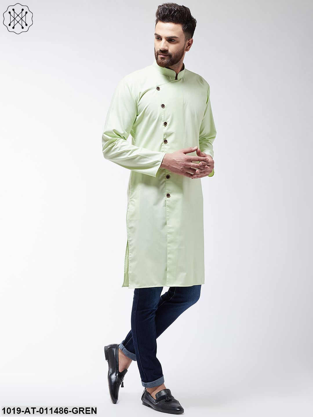 Men's Cotton Light Green Solid Only Long Kurta