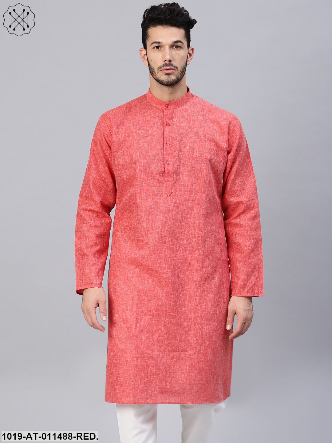 Men's Cotton Linen Blend Red Solid Only Long Kurta - Sojanya