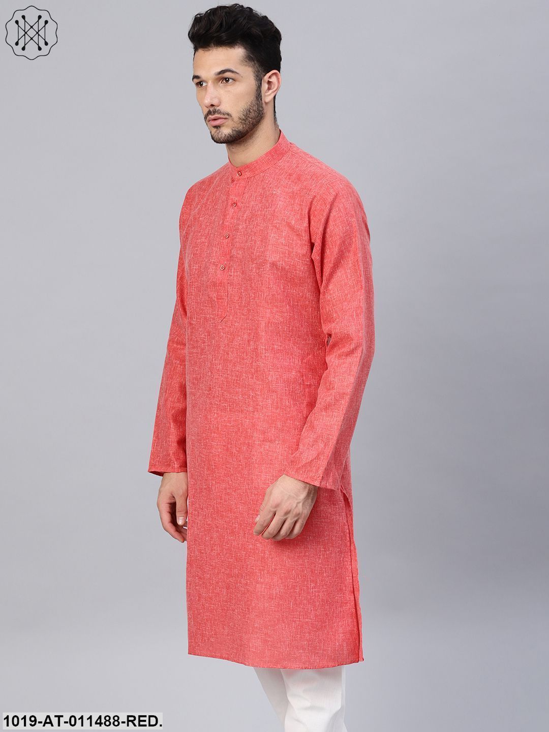 Men's Cotton Linen Blend Red Solid Only Long Kurta - Sojanya