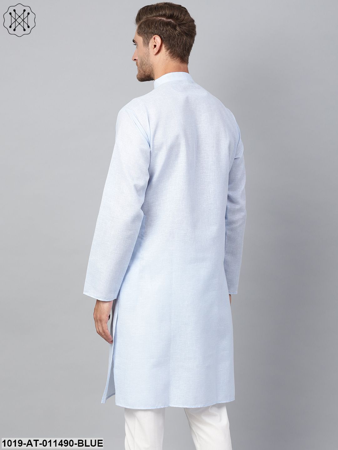 Men's Cotton Linen Blend Sky Blue Solid Only Long Kurta - Sojanya