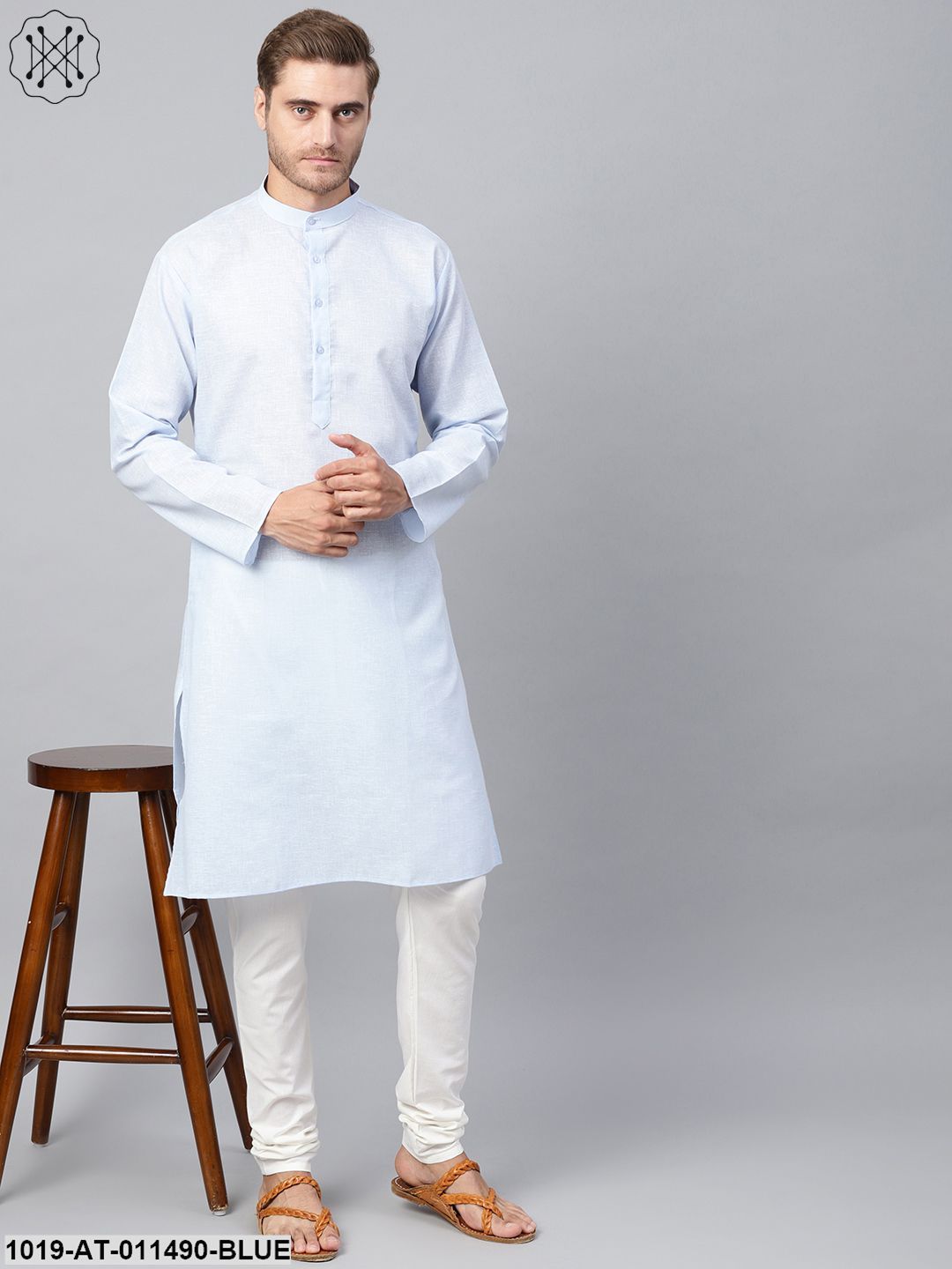 Men's Cotton Linen Blend Sky Blue Solid Only Long Kurta - Sojanya