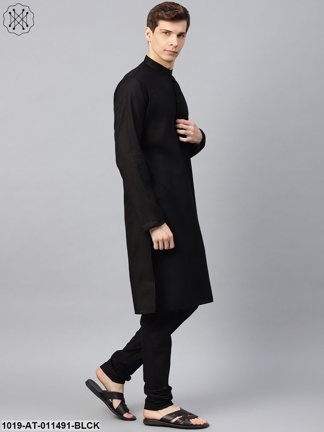 Men's Cotton Linen Blend Black Solid Only Long Kurta - Sojanya