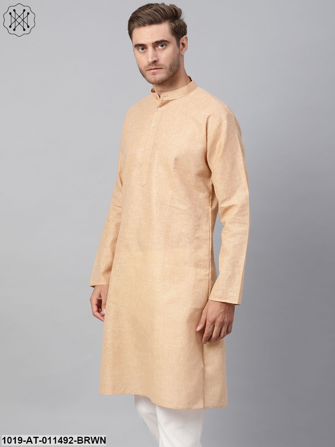Men's Cotton Linen Blend Brown Solid Only Long Kurta - Sojanya