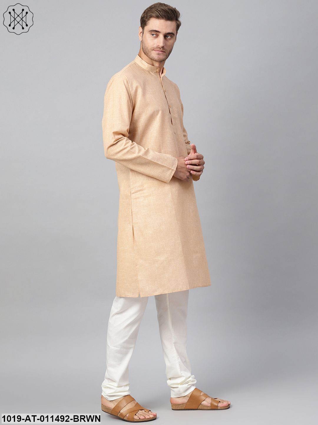 Men's Cotton Linen Blend Brown Solid Only Long Kurta - Sojanya