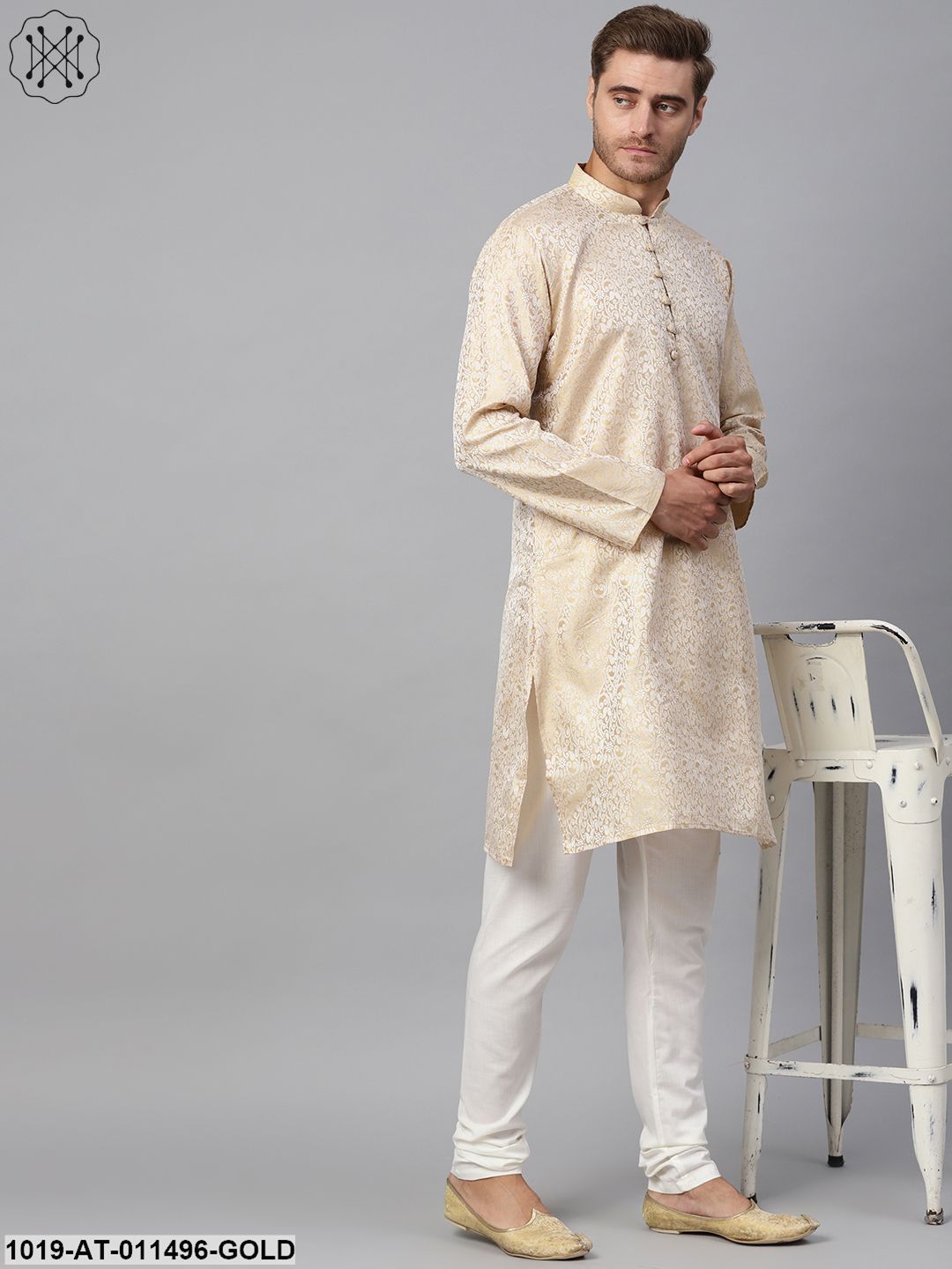 Men's Silk Blend Gold Self Design Only Long Kurta - Sojanya